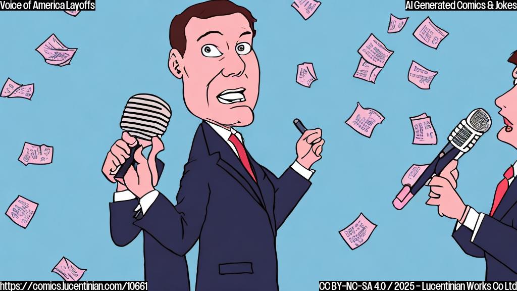Cartoon image of a news anchor with a microphone, looking shocked and surrounded by falling pink slips. The background is a plain light blue.