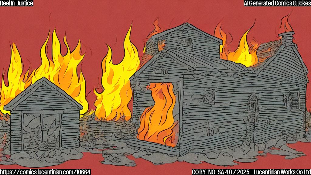 A plain color cartoon illustration depicting a sad, rectangular fish shack engulfed in flames, with a large, official-looking red stamp labeled "DENIED" superimposed over it. The style is simple and minimalist.