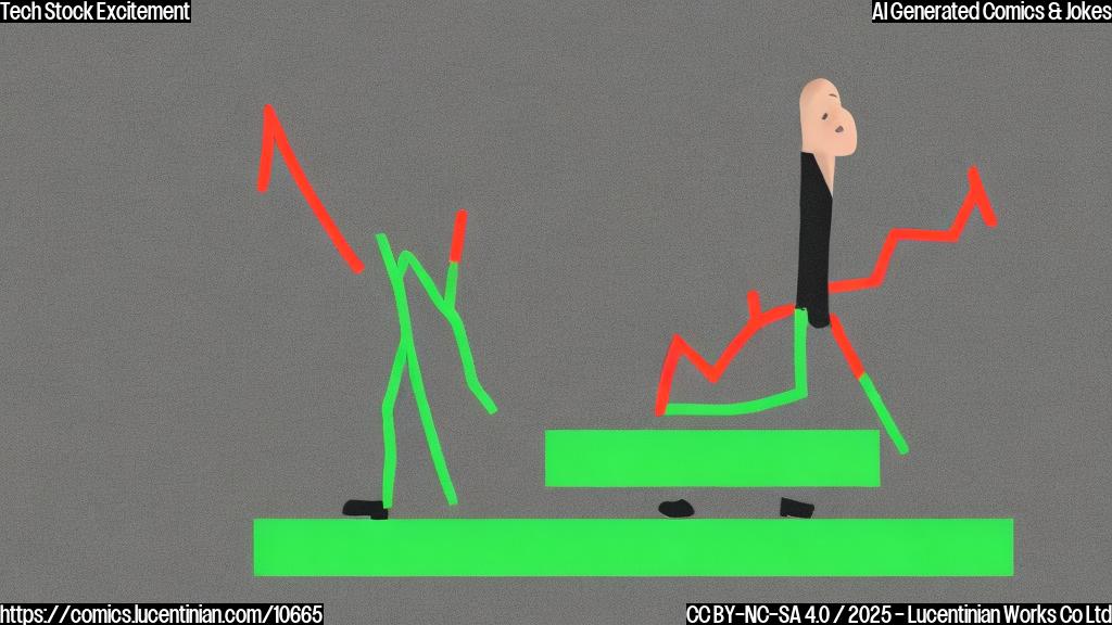 A cartoon drawing of a sad stick figure investor standing next to a rapidly ascending green line representing stock value. The investor looks dejected, while the line continues upwards sharply. The background is a simple, plain color, possibly light blue or green.