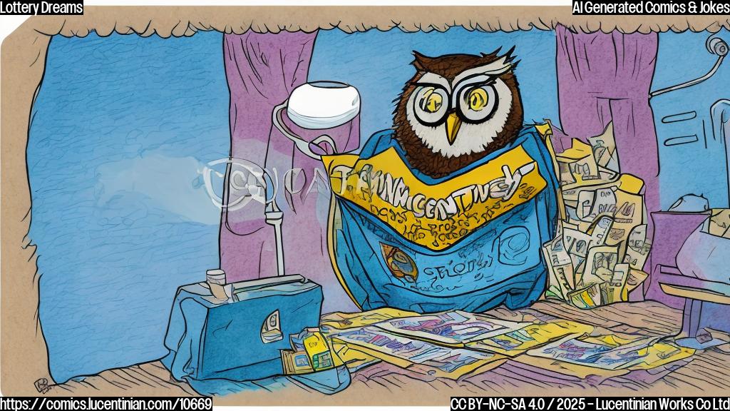 A cartoon lottery ticket lying on a therapist's couch. The therapist is a wise-looking cartoon owl wearing glasses. Both are in a brightly colored, simple, and friendly cartoon style. The background is a plain light blue.
