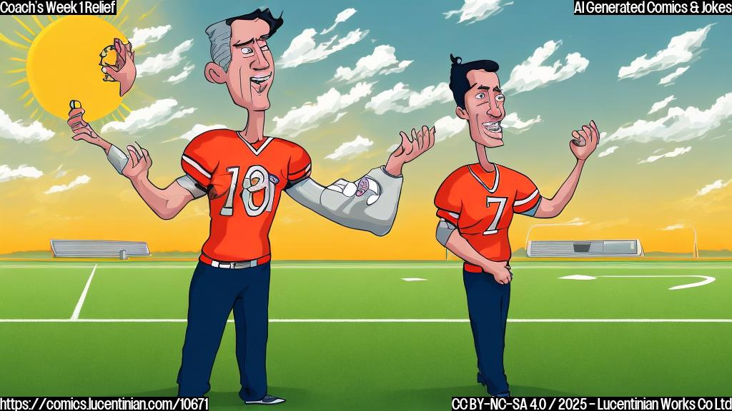 Cartoon image of a football coach with a relieved expression, wiping sweat from his brow. He's standing in front of a scoreboard showing a narrow victory. The background is a simple green field under a bright yellow sun. The overall style is plain color and cartoonish.