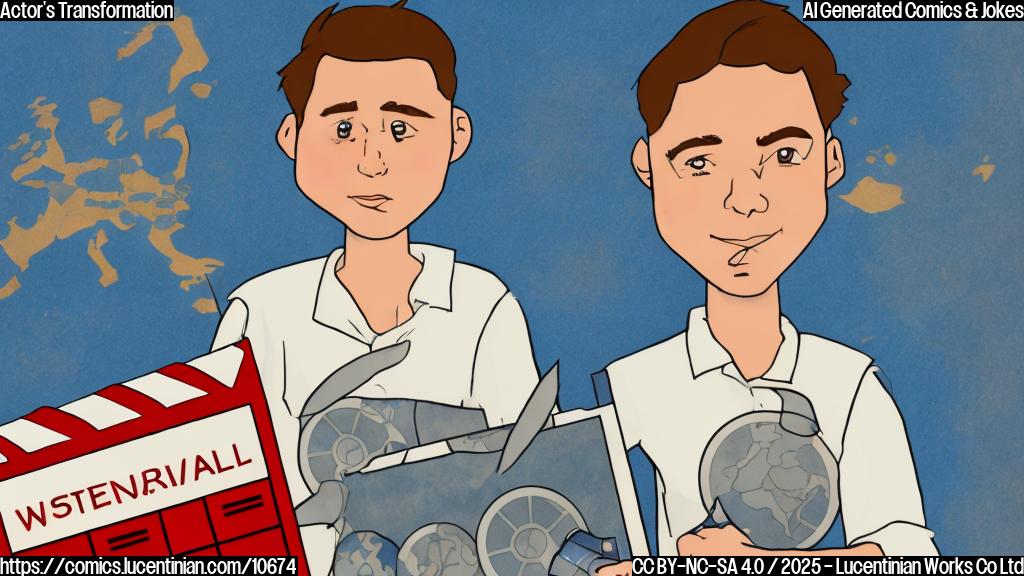 A plain color cartoon of an actor with makeup, standing in front of a film festival backdrop, holding a script in one hand and a partially erased world map in the other. The map shows some countries marked in red.