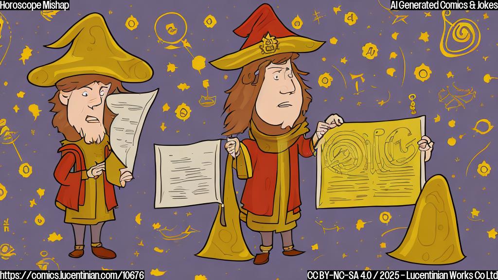 A cartoon style image with a confused looking person in a wizard robe and hat, holding a scroll labeled "Horoscope". They are standing in a forest surrounded by trees with question marks floating above their head. The background is a plain yellow color.