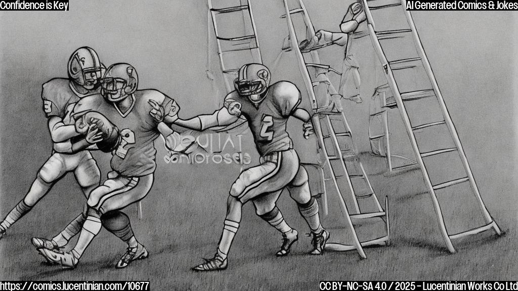 A cartoon drawing in plain colors of a football player in full gear, carrying a comically oversized ladder onto a football field. The field is green and the sky is blue.