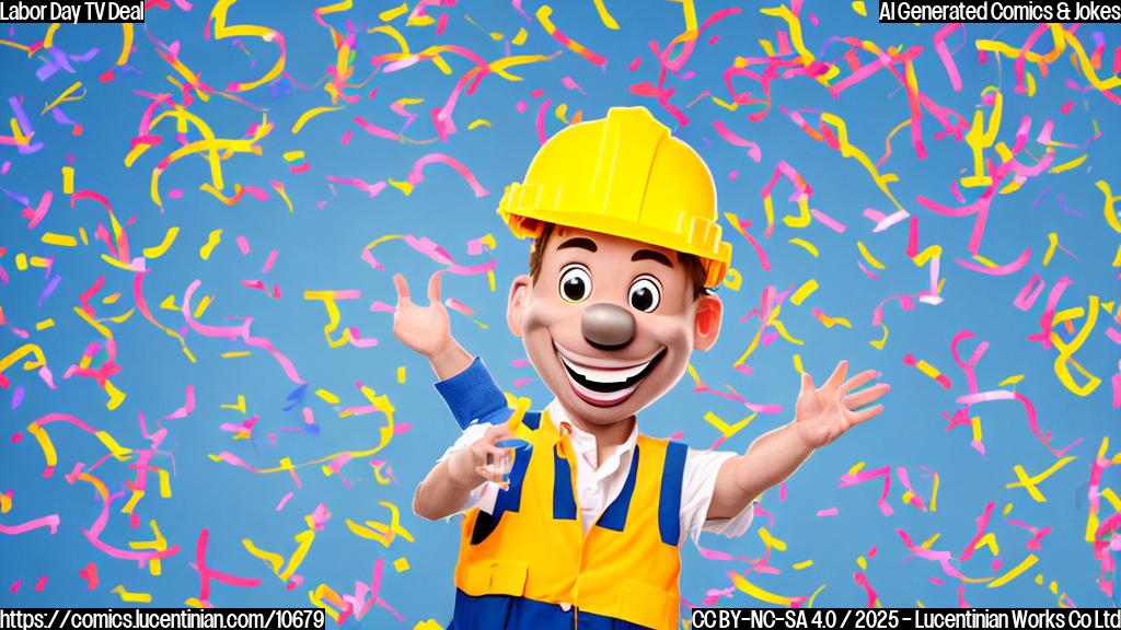 A cheerful cartoon TV with a big smile, wearing a tiny construction worker helmet, surrounded by confetti. The background is a solid light blue color.