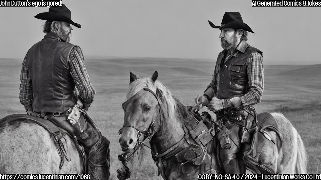 A gruff, rugged man in his 60s with a strong jawline and piercing eyes sits on horseback, looking out at the vast landscape of the American West. He wears a worn leather vest over his shirt, with a holstered pistol at his side. His hair is graying, but still has a hint of stubble. In the background, a faint image of a TV screen can be seen showing the show "Yellowstone" on it, with John Dutton's character walking off into the distance. The sky above is a deep shade of orange, with the sun setting in the distance.