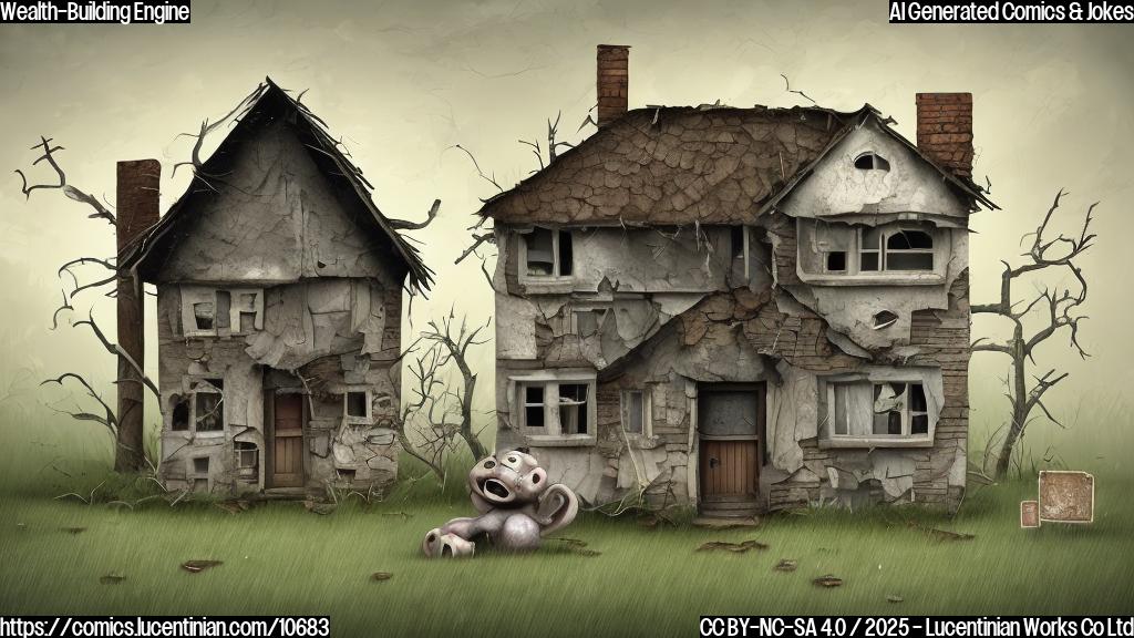 A cartoon-style illustration of a sad, anthropomorphic house with a cracked foundation, with a "for sale" sign that's bent and broken. The house is located on a patch of brown, dried-out grass under a gloomy gray sky. The overall color palette is muted and depressing.
