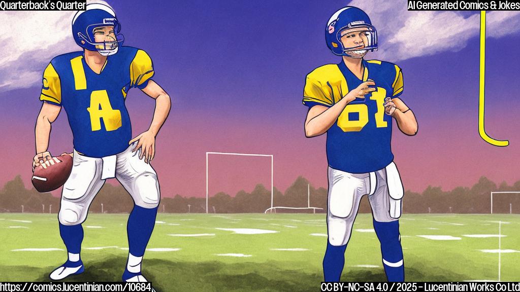 A cartoon style image with a plain background. A quarterback, wearing a helmet and uniform, is standing on a football field holding a large ruler. He has a determined look on his face.