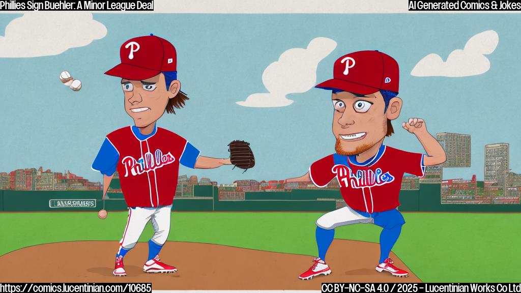 A cartoon drawing of a confused baseball player wearing a Phillies uniform and holding a large map. The player is scratching his head with a baseball glove, standing on a baseball field with question marks floating around him. The style is simple, with bright, flat colors and thick outlines.
