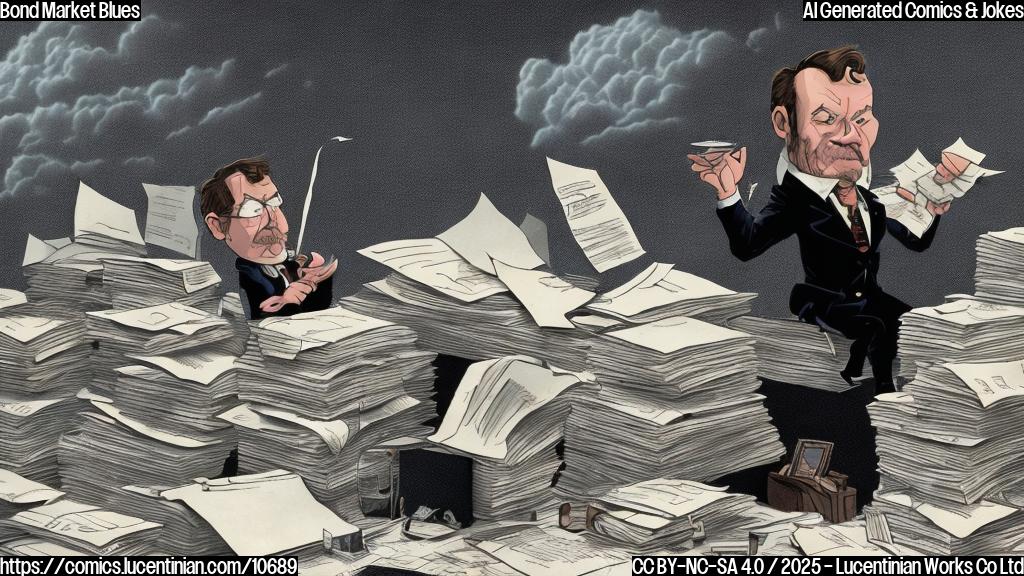 Cartoon image of a sad-looking economist with messy hair sitting at a desk piled high with papers. A dark cloud shaped like a bond hovers ominously above them, casting a shadow. The overall color palette is muted and depressing.