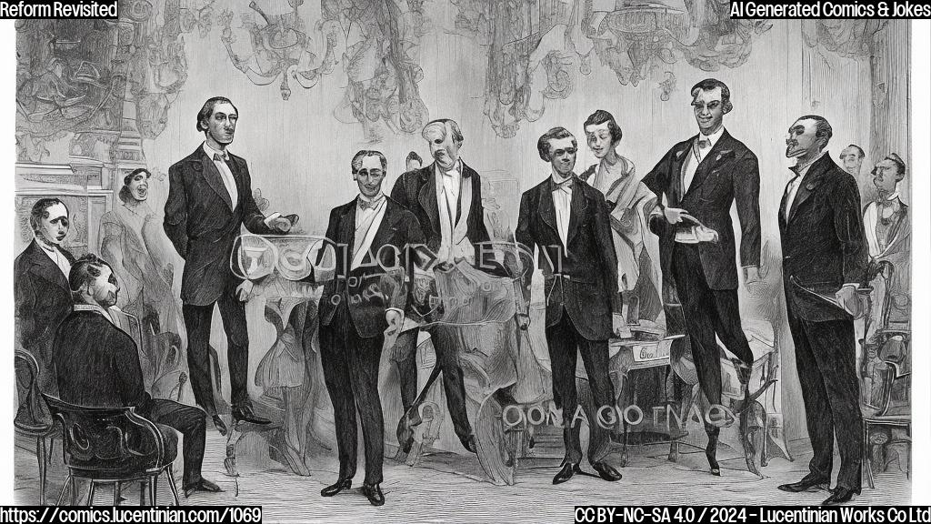 Draw a cartoon of a man, dressed in formal attire, holding a step ladder in front of a large table with government officials seated around it. The man is standing on the first rung of the ladder, while one official from the Liberal Democratic Party is climbing down from the top, looking embarrassed.