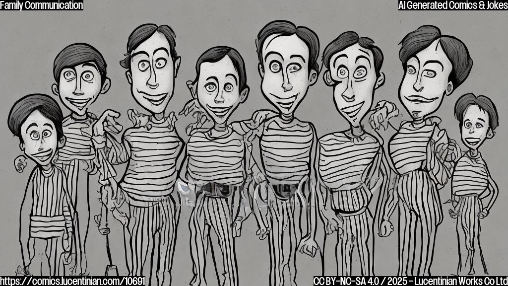 A plain color cartoon style image depicting a family of four mimes standing in a line, each with a confused expression. The background is a simple, single color.