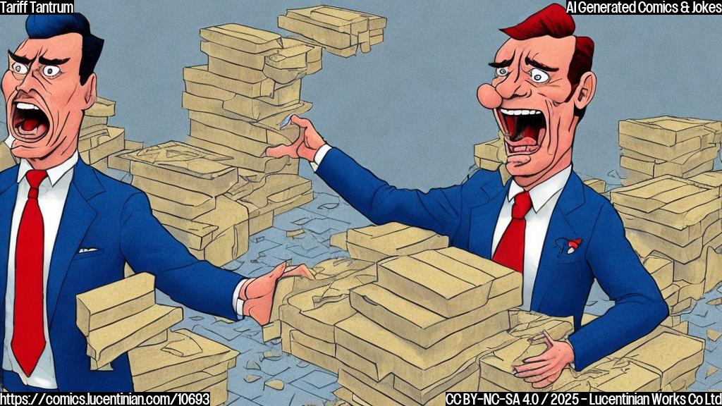 A cartoon image of a man in a dark blue suit and red tie, looking distressed and yelling at a stack of boxes labeled "Tariffs," all while standing on a map of a country that is crumbling apart. The style is plain, cartoonish, and uses a limited color palette.