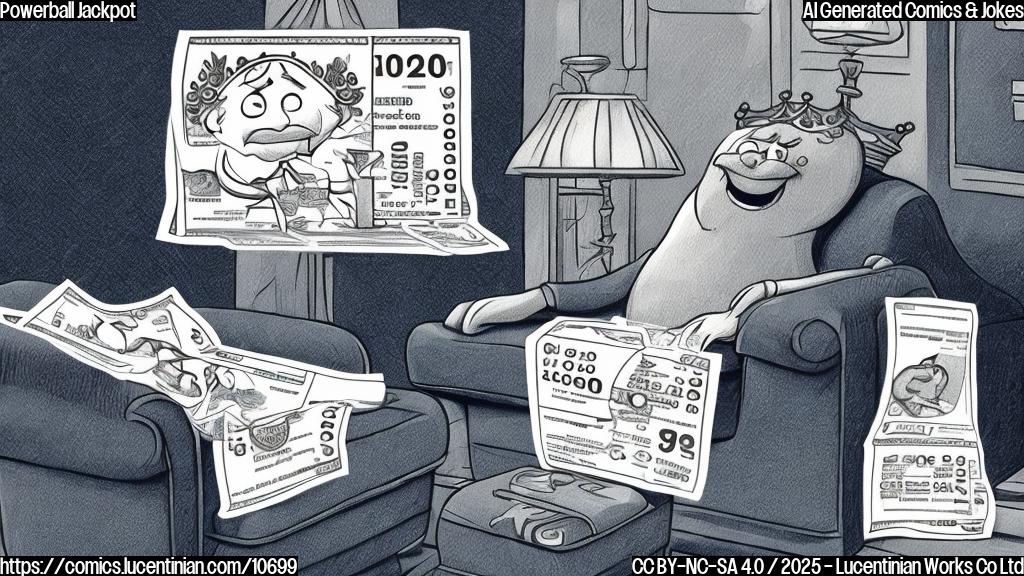 Cartoon drawing of a sad lottery ticket with a crown on its head, sitting on a tiny couch in front of a therapist. The background is a plain blue color.