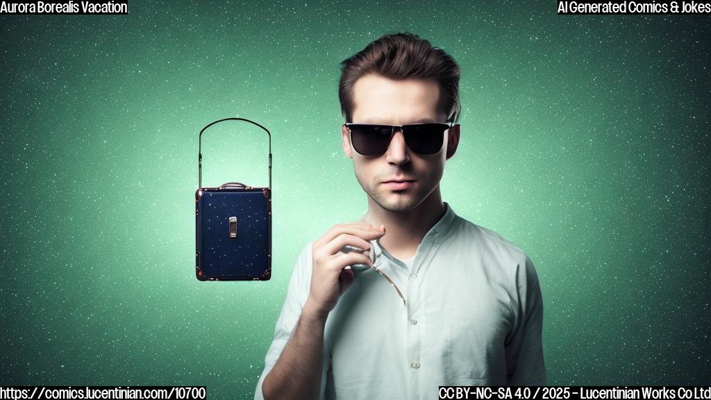 A single light particle wearing sunglasses and carrying a tiny suitcase traveling on a background of plain dark green color.