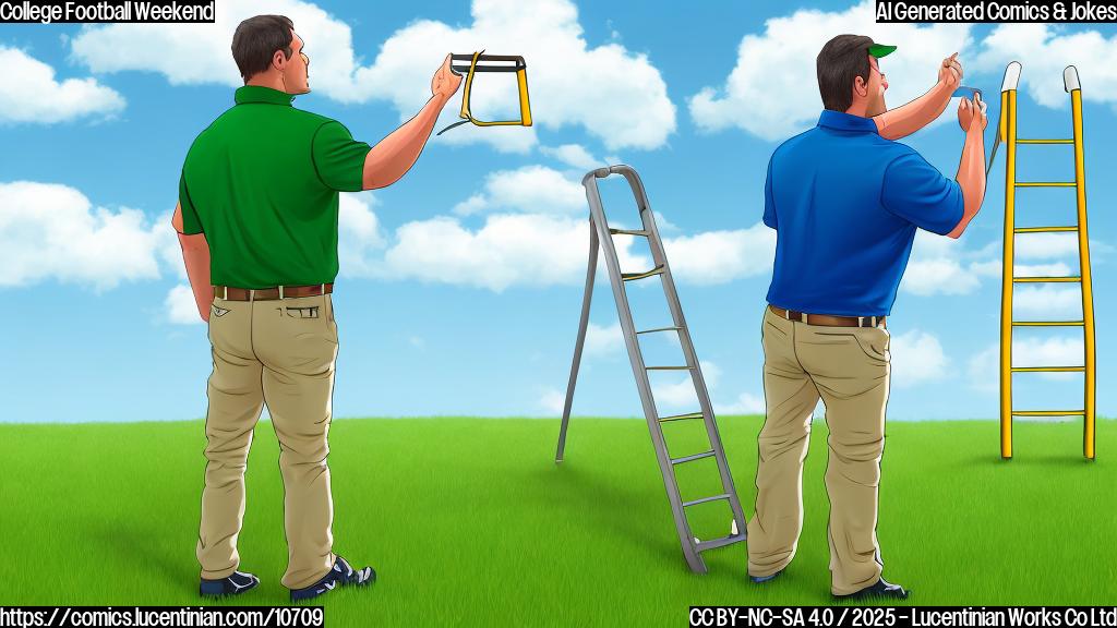 Cartoon style image of a football coach in a bright green polo shirt and khaki pants holding a comically large ladder on a football field. The sky is a plain blue, and the grass is a vibrant green. The style is simple, with bold outlines and minimal shading.