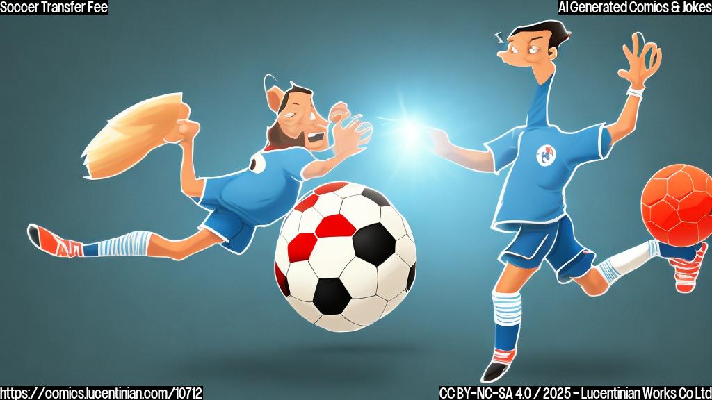 A cartoon soccer ball wearing a tiny jersey being handed a giant check, set against a plain, light blue background.
