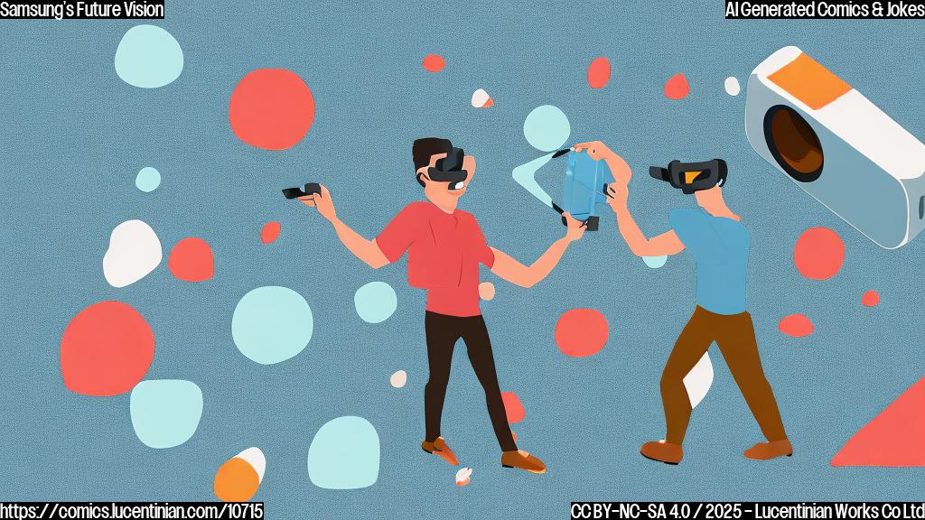 Cartoon image in a simple, flat color style. A person with glasses is holding a small ladder and looking excitedly upwards. Surrounding them are abstract shapes representing a foldable phone, a virtual reality headset, and smart glasses. The background is a single color, light blue.