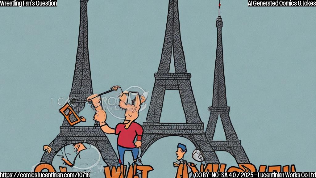 A simple cartoon illustration of a wrestling fan carrying a ridiculously oversized ladder, with the Eiffel Tower subtly visible in the background, all rendered in a flat, plain color style.