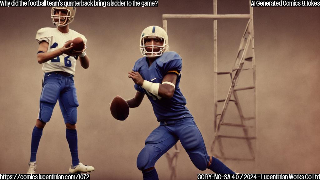 A football player with a ladder in hand standing on the field, wearing a helmet and pads, with a confident expression on their face. The background should be a blurred image of a stadium with cheering crowds.