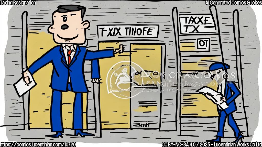 A cartoon drawing in a plain color style, showing a person in a suit carrying a large ladder towards an office building with a sign that says "TAX OFFICE". The overall color scheme should be bright and humorous.