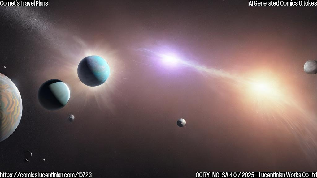 A cartoon-style image of a bright comet with a very long, exaggerated tail extending far into the distance. The comet has a sad or worried expression on its nucleus. In the background, stylized representations of planets can be seen. The color palette should be bright and cheerful, but the comet's expression suggests a mild inconvenience. The image should be minimalist and in a plain color style.