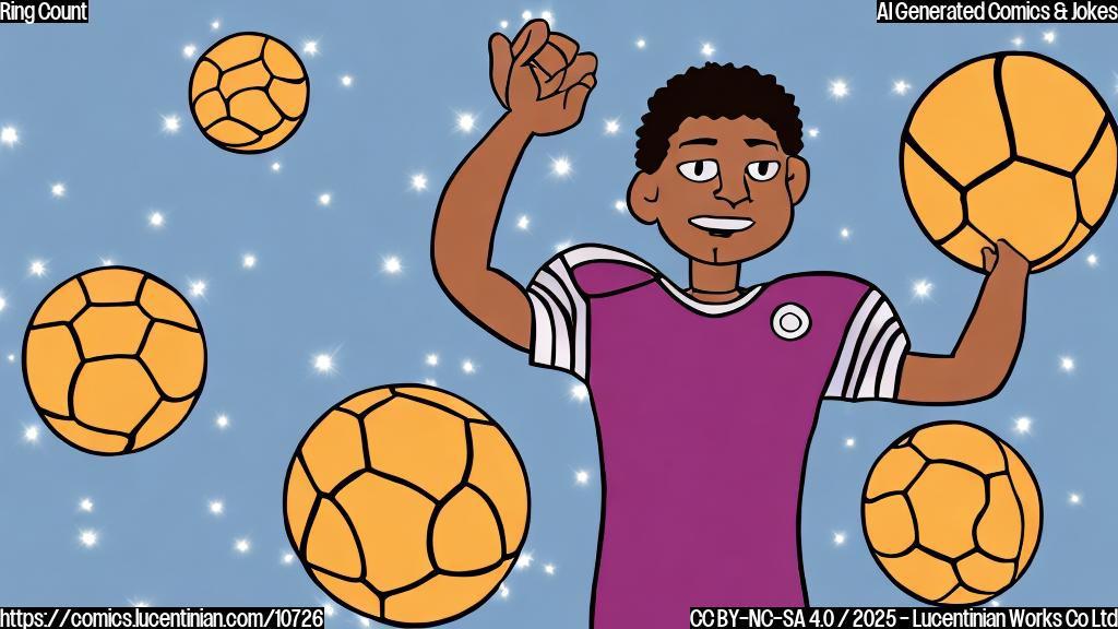 a simple cartoon of a football player holding up four rings, each sparkling brightly, against a plain light blue background.