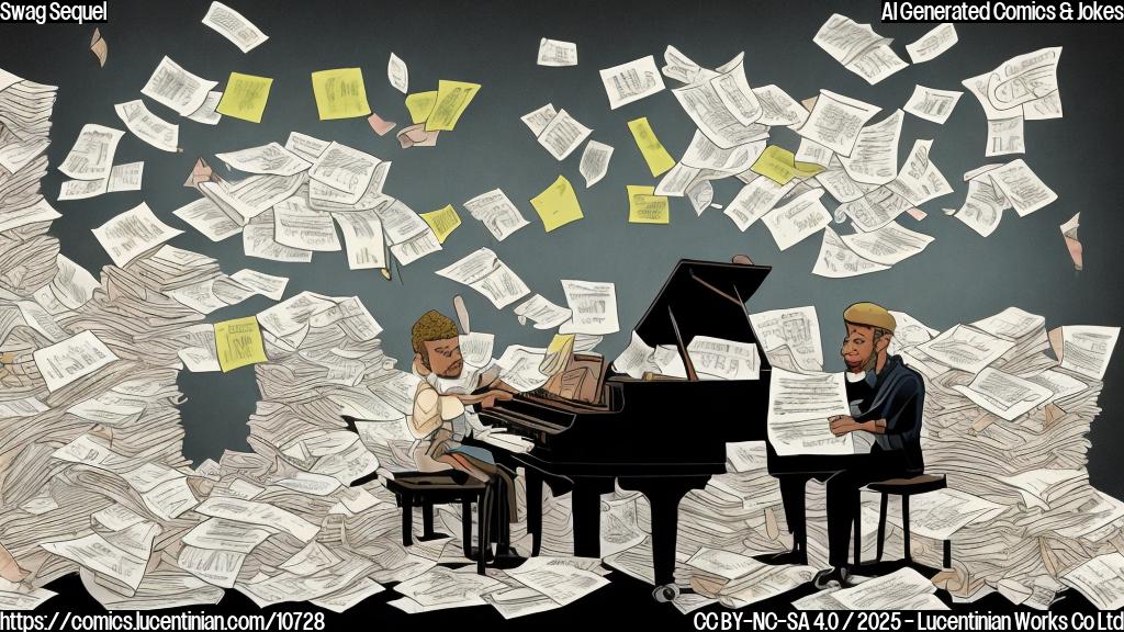 A plain color cartoon style image depicting a frustrated musician sitting at a piano with a stack of papers labeled "Swag," "Swag II," and a blank paper with a question mark. The musician is scratching their head in confusion.