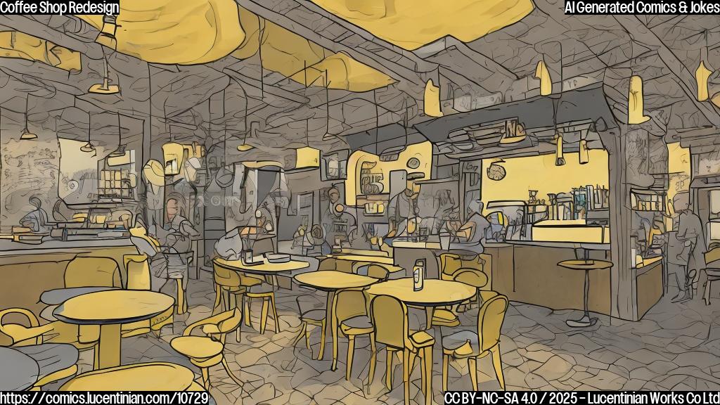 A cartoon style, a plain color image of a coffee shop interior with a ramp leading to the entrance. Inside, baristas are serving customers of different abilities, some using wheelchairs, others with visual aids. The overall feel is bright and welcoming. The color will be light yellow.