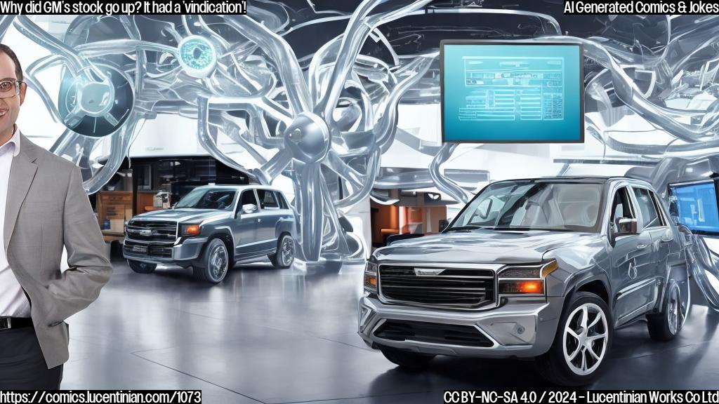 A large, metallic, four-wheeled vehicle with curved lines and headlights, surrounded by computer screens displaying financial data, with a confident CEO standing in front of it, giving a thumbs up to the camera.