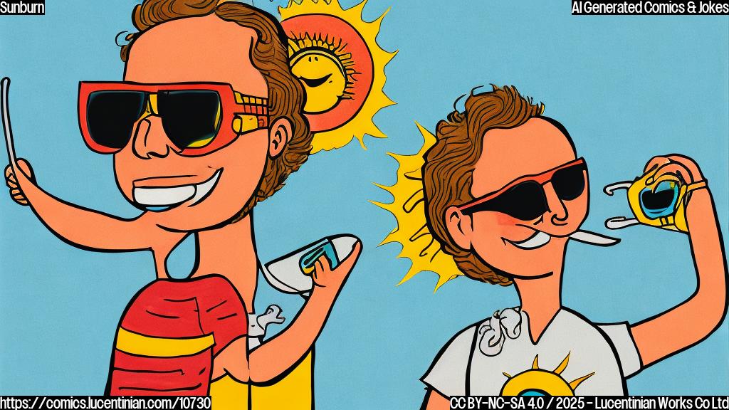 A plain color cartoon style picture of a smiling sun wearing sunglasses and holding a tube of sunscreen with the caption "Sunburn". The background is a light blue sky.