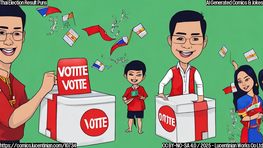 Cartoon image of a generic smiling politician wearing a traditional Thai outfit, holding a ballot box with the words "Vote Anutin" subtly changed to "Vote Anything", plain light green background.