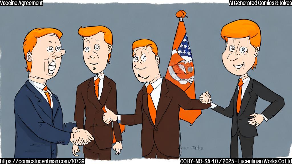 A simple cartoon drawing of an orange-haired businessman with a serious expression shaking hands with a younger man with slightly disheveled hair, both standing in front of a blurry oval office background. The style is plain color cartoon style.