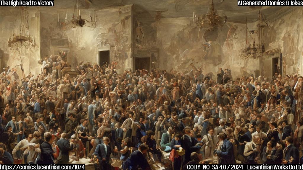 A group of people standing on a table with microphones, using ladders as podiums, surrounded by a chaotic and crowded debate room.