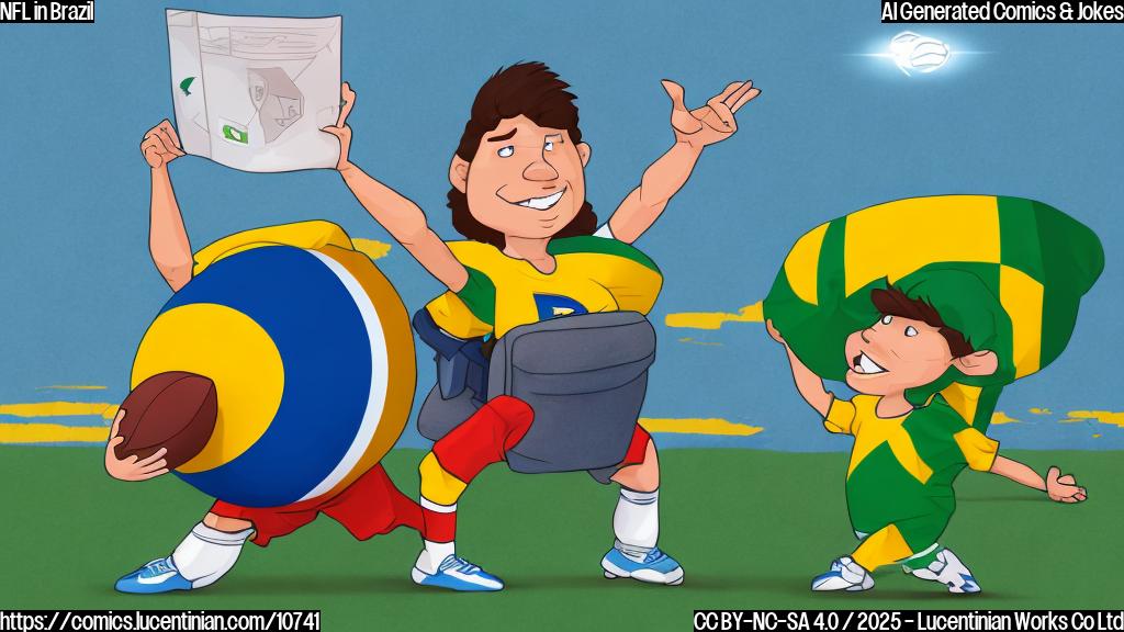 A cartoon-style football character wearing a tiny backpack and holding a large, unfolded map, standing in front of a brightly colored, simplified depiction of the Brazilian flag. The background is a solid, light green color.
