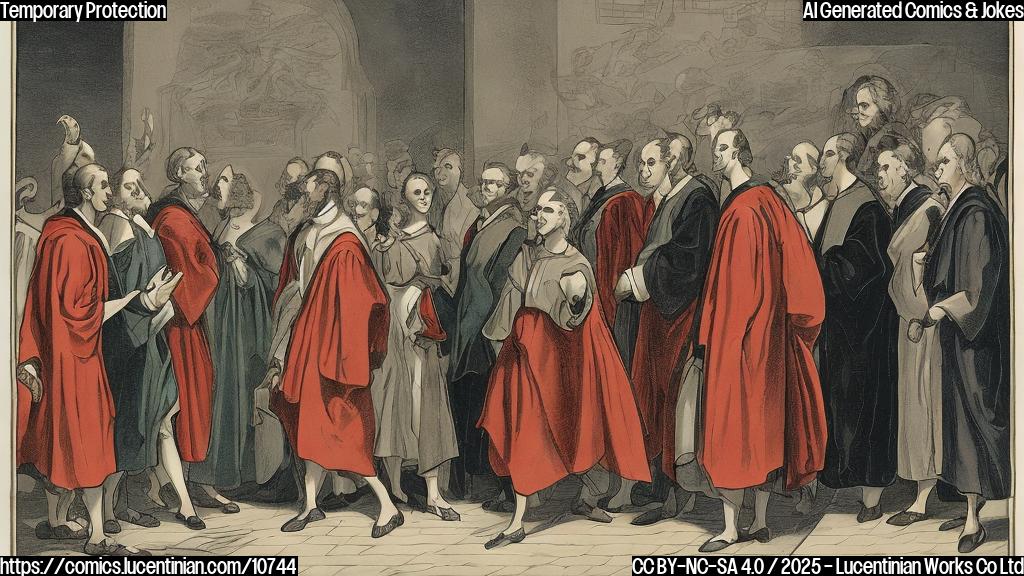 Cartoon style, plain color background, A judge wearing a robe holding up a stop sign to a group of people with suitcases.