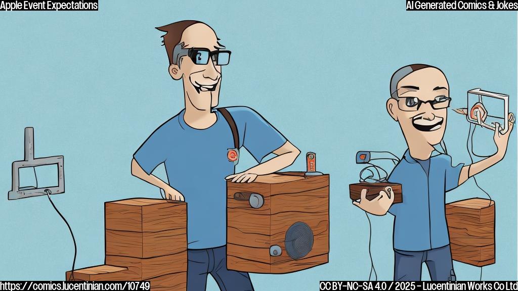 a plain cartoon style picture, with a tech enthusiast holding a ladder and wearing glasses in front of a stage with an apple logo. The background is a solid light blue color.