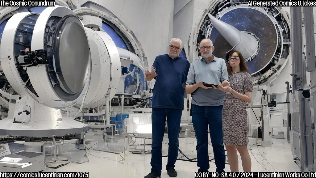 A female astronomer and her father, an astrophysicist, are standing in front of a large telescope. The daughter is holding a tablet with a decoded alien-like signal on the screen. The father is wearing a pair of glasses and has a thoughtful expression on his face. In the background, a massive telescope is visible.