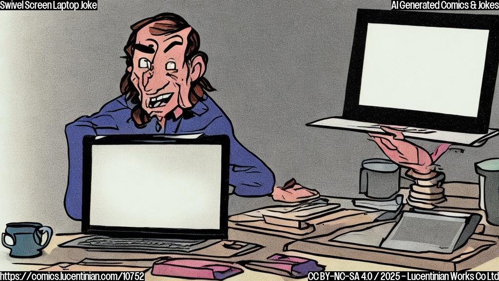 Plain color cartoon style picture of a laptop with its screen swiveled sideways, showing a confused expression.