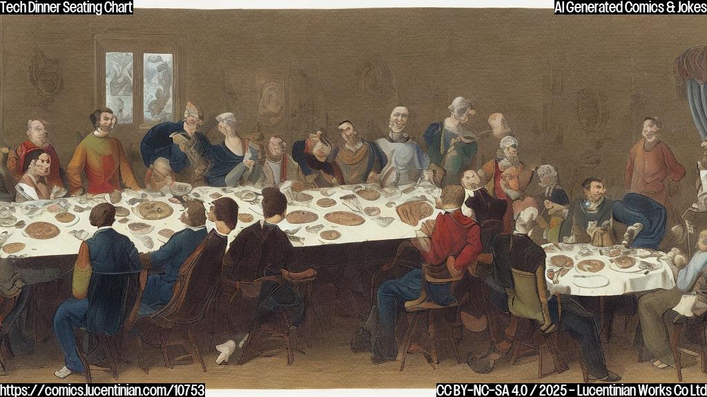 A plain color cartoon style image depicting a long dinner table with several figures seated around it. The figures are generic representations of tech CEOs: one is a young man with short brown hair in a simple t-shirt, one is an older man with glasses, one is a bald man with a turtleneck, and one is a man with graying hair in a suit. The expressions on their faces range from polite to strained. Above one of the figures, draw a small thought bubble containing an on/off switch symbol. The background is a simple wall with a framed picture of a gear.