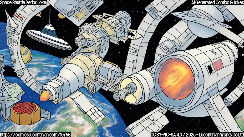 Plain color cartoon style drawing of a simplified space shuttle orbiting the Earth. Inside the shuttle, a diverse group of astronauts are floating. One female astronaut is discreetly holding a box labeled "Extra Supplies".