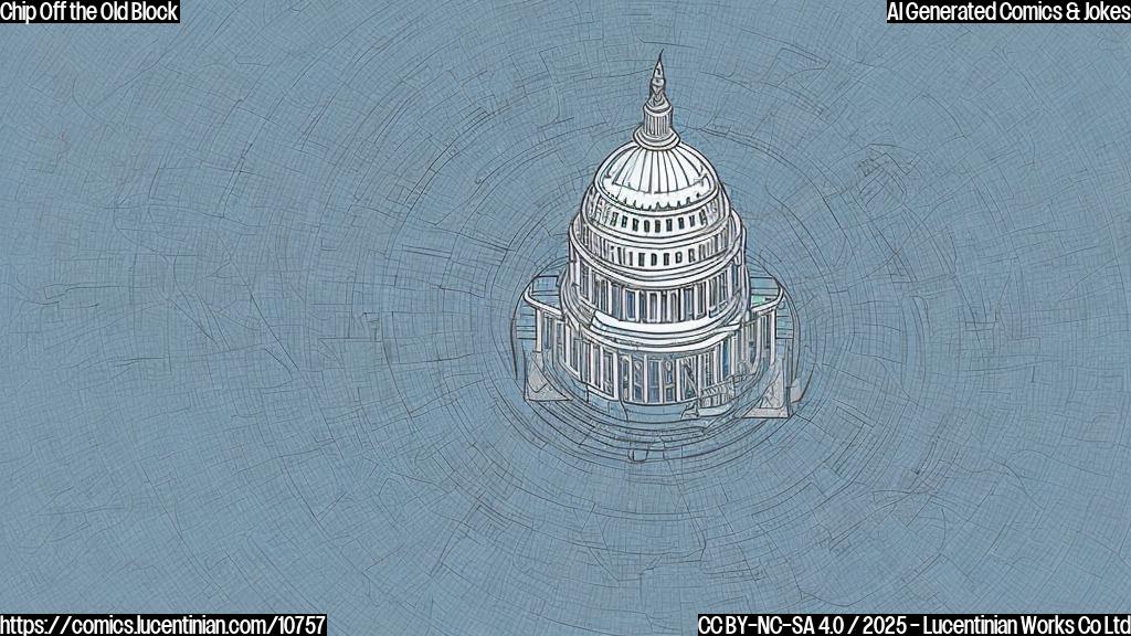 A cartoon-style drawing with a plain light blue background. In the center is a stylized representation of the U.S. Capitol Building, drawn simply with basic geometric shapes. Hovering above the Capitol is a large, shiny microchip, also drawn in a cartoon style. A dotted line connects the Capitol Building to the microchip, implying investment or connection.