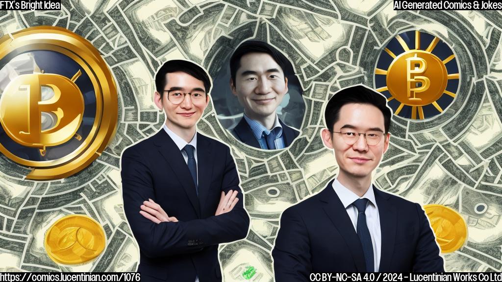 A person with a briefcase and a determined look, representing Sam Bankman-Fried, stands in front of a giant vault filled with stacks of money. Next to him is a figure with a smug expression, symbolizing Changpeng Zhao, Binance's CEO. The background features a blurred cityscape with a bright sun shining down, representing the "bright idea" that FTX is trying to capitalize on.