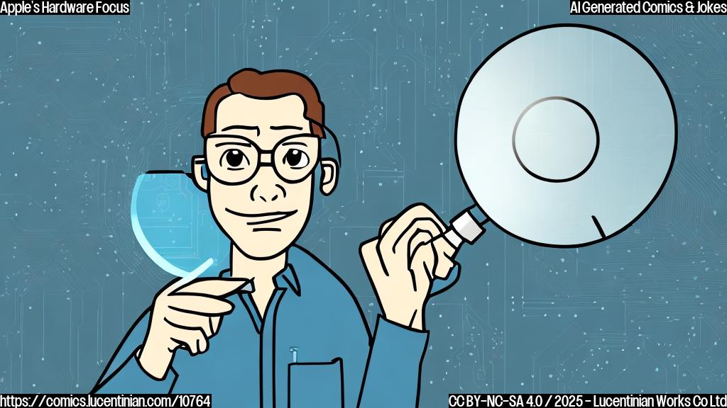 A simple cartoon illustration of a software developer with thick glasses holding a magnifying glass and looking at a circuit board. The background is a plain light blue color.