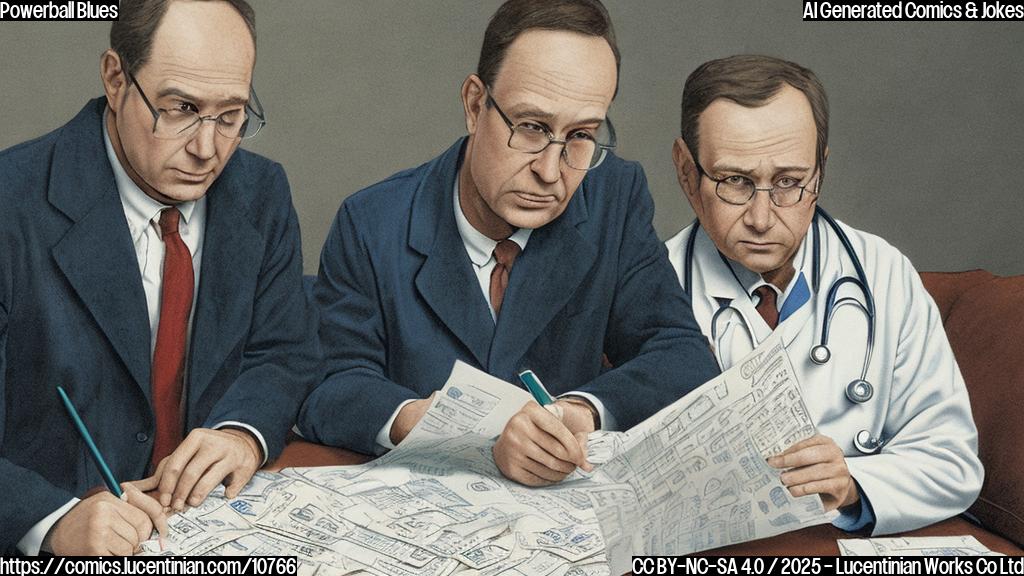 A plain color cartoon style picture of a sad lottery ticket lying on a couch with a concerned-looking doctor taking notes. The doctor is a simple, generic human figure. The lottery ticket has a few visible numbers that are slightly blurred. The color palette is muted and calming.