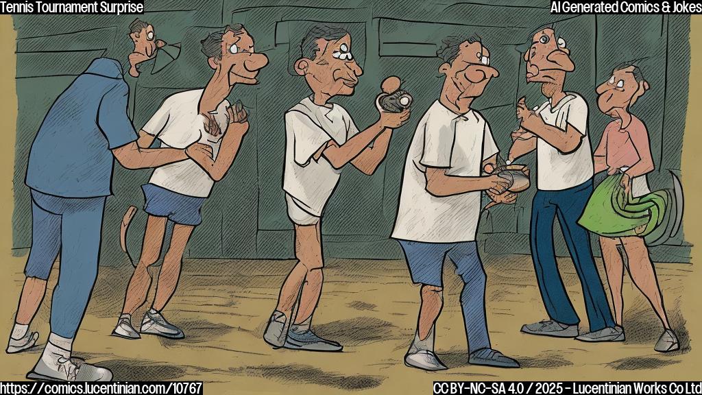 A plain color cartoon style picture of a surprised tennis player holding a trophy, with a confused, older-looking player in the background scratching their head. The tennis court should be minimalist.