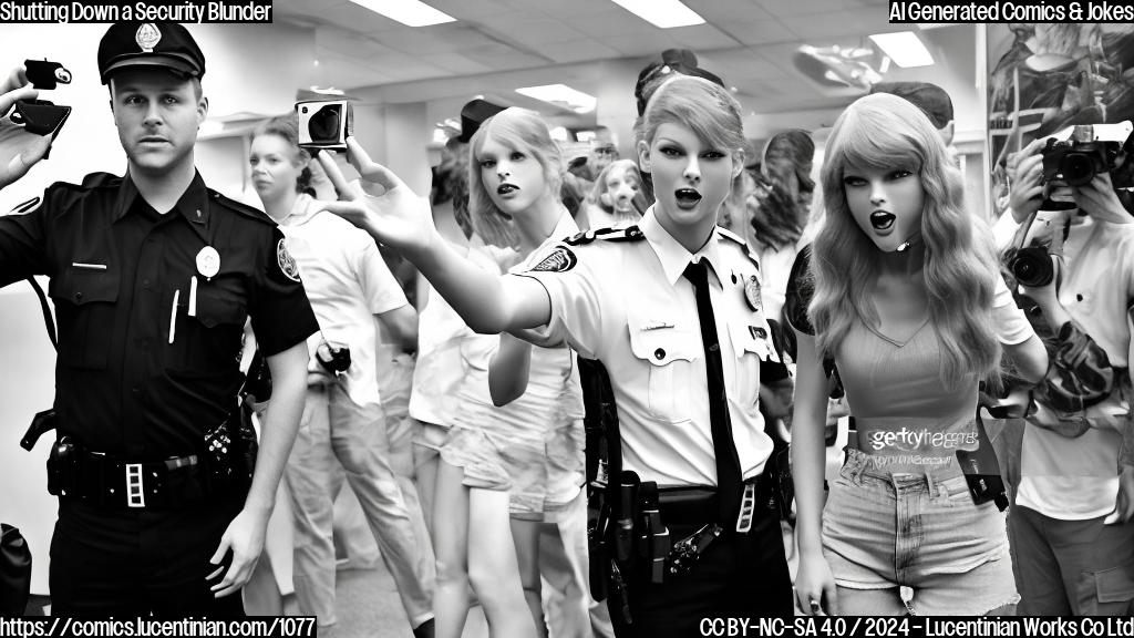 Draw a cartoon of a security guard trying to take a photo with Taylor Swift in the background, while she is pointing her finger and giving a disapproving look. The security guard should have a surprised expression on his face, and there should be multiple photographers around them taking photos.