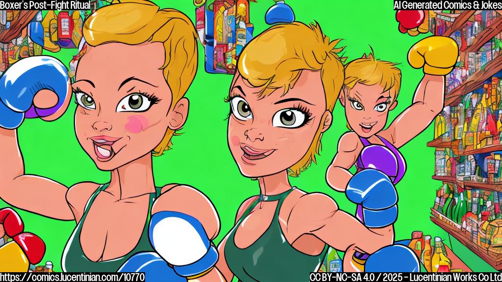 A cartoon-style image of a female boxer with short blonde hair and a determined expression. She is wearing boxing gloves and a boxing outfit. She stands next to a tall bar with shelves of colorful drinks. She is holding a ladder and looking up at the top shelf with a mischievous grin. The background is a plain light green color.