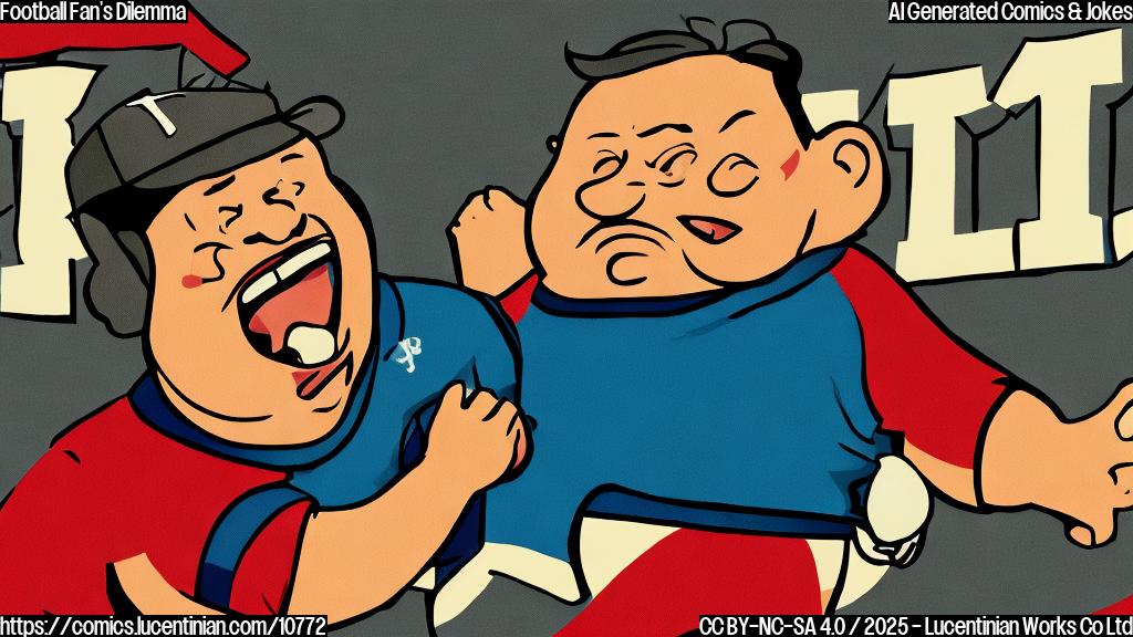 Plain color cartoon style. A man with a slightly overweight belly sits on a couch, yelling angrily at a television screen. The television shows a cartoon football game. The man wears a jersey with a generic team logo and a foam hand.