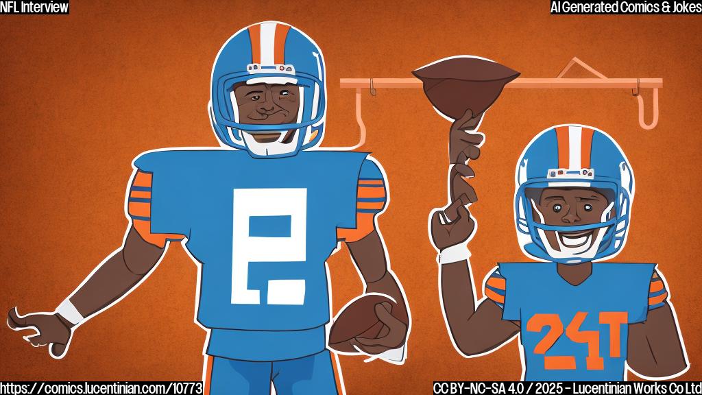 A cartoon-style image of a football player in brown and orange uniform carrying a comically oversized ladder into a building with a sign that says "Team Interviews" in big, block letters. The background is a plain light-blue color.